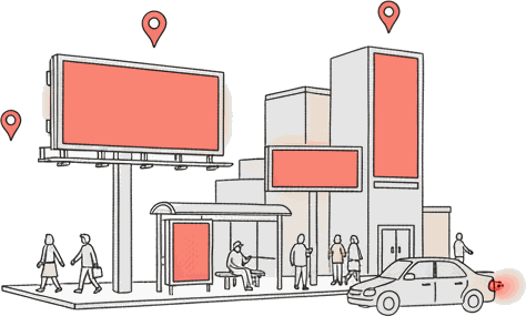 Illustrated street scene with glowing coral Blindspot DOOH screens: a roadside billboard, a transit-shelter citylight and a building marquee, with coral location pins above them