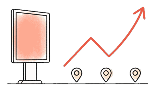 Illustrated attribution measurement scene with glowing coral Blindspot DOOH screens