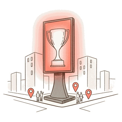 Illustrated glowing coral trophy shaped digital billboard screen on a city street with coral location pins