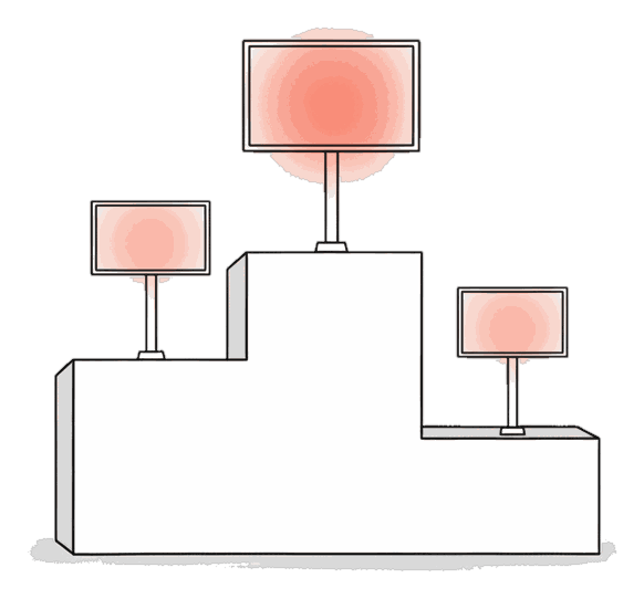 Illustrated field guide of DOOH platforms with glowing coral Blindspot DOOH screens