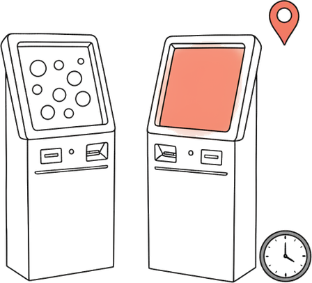Illustrated pair of self-serve kiosks, one screen showing an anonymous audience, the other glowing coral with a location pin