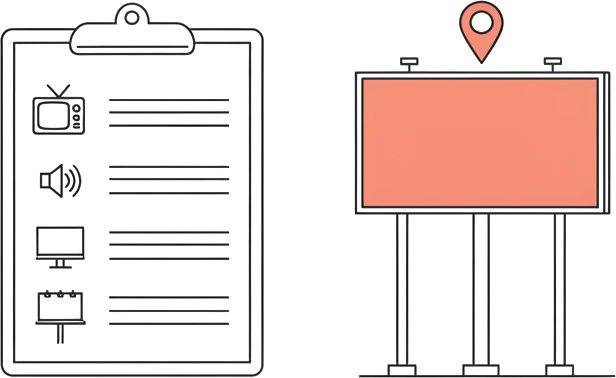 Illustrated clipboard with stacked channel rows beside a billboard glowing coral with a location pin