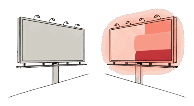 Illustrated two billboards face to face, one grey static and one glowing coral