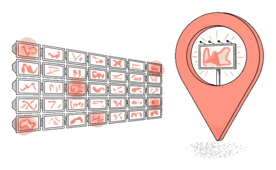 Illustrated operator control-room monitor wall beside an advertiser location pin with a glowing coral screen