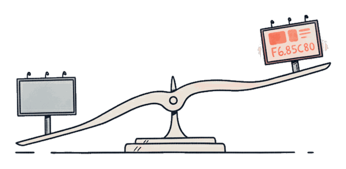 Illustrated balance scale weighing a grey static board against a glowing coral digital screen