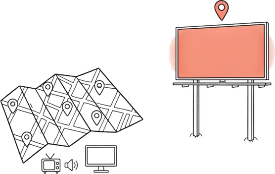 Illustrated folded street map with location pins and channel icons beside a billboard glowing coral