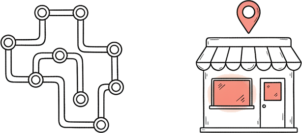 Illustrated network of pipes and nodes beside a small shopfront with a screen glowing coral and a location pin
