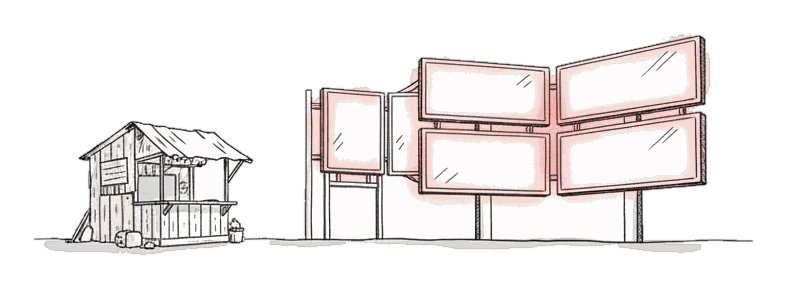 Illustrated small DIY kiosk beside a larger glowing coral billboard network