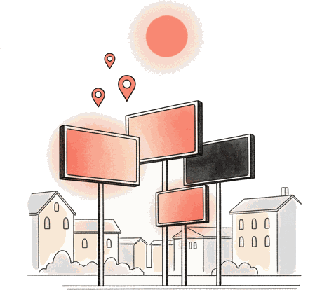 Illustrated cluster of outdoor billboards with glowing coral Blindspot DOOH screens, coral location pins and a bright coral disc above
