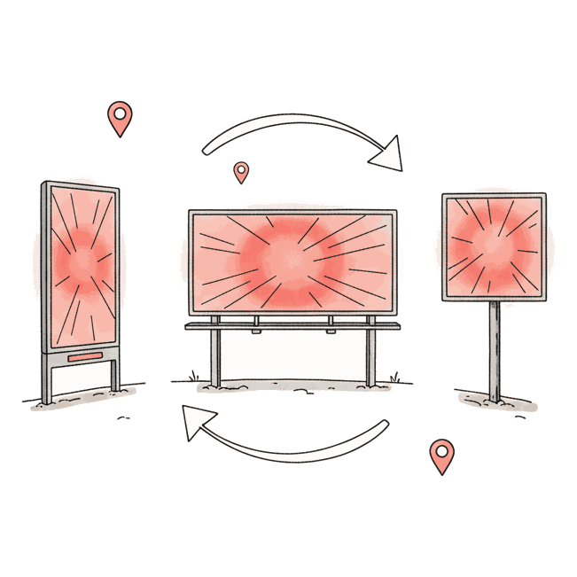 Illustrated set of digital billboard screens of different shapes cycling in a rotation loop, screens glowing coral
