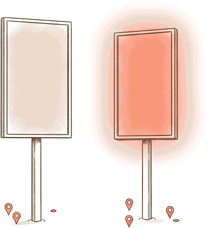 Illustrated static poster billboard beside a glowing coral Blindspot digital screen