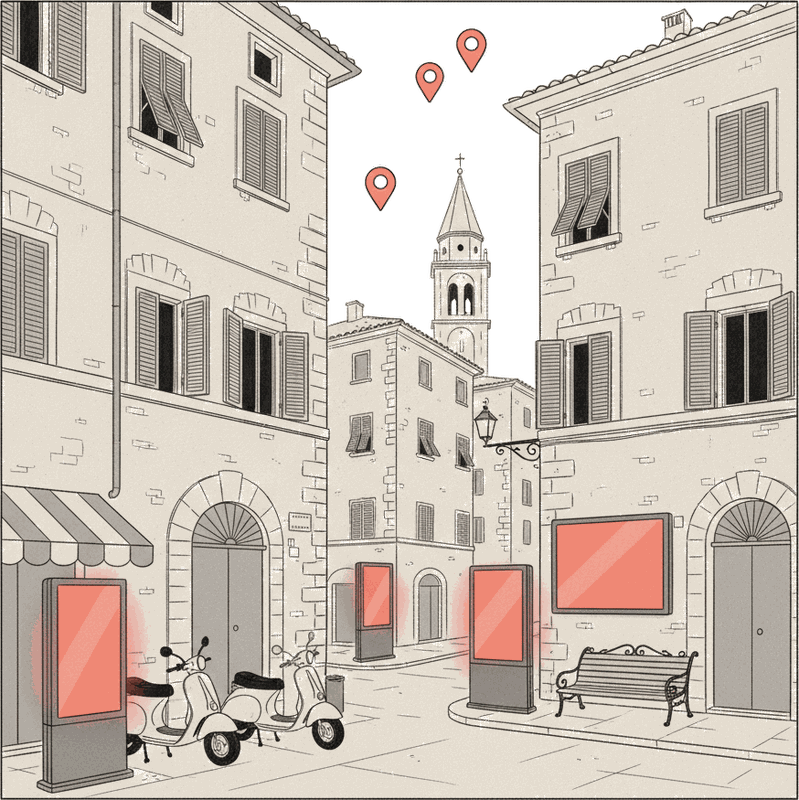 Illustrated Italian street with a campanile, vespas and glowing coral Blindspot DOOH screens
