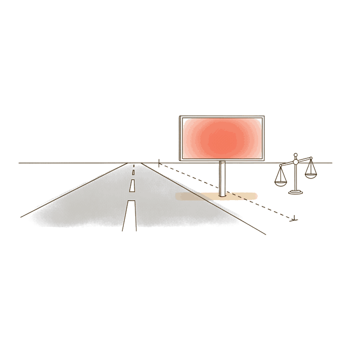 Illustrated roadside billboard set back from the road with a measuring line and a small balance scale, one glowing coral Blindspot DOOH screen