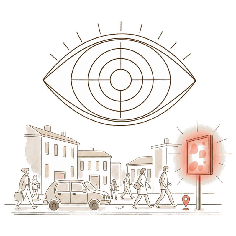 Illustrated abstract eye and radar motif over a city street with pedestrians and a glowing coral DOOH screen