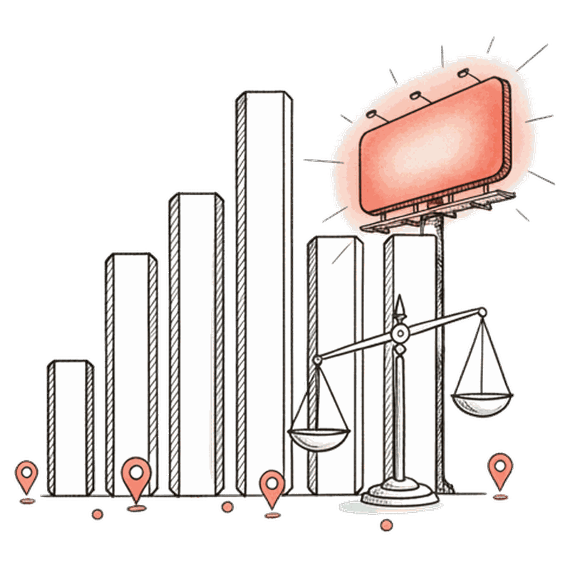 Illustrated bar chart with a glowing coral DOOH screen icon