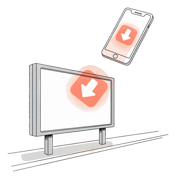 Illustrated street screen glowing coral beaming an app icon to a smartphone