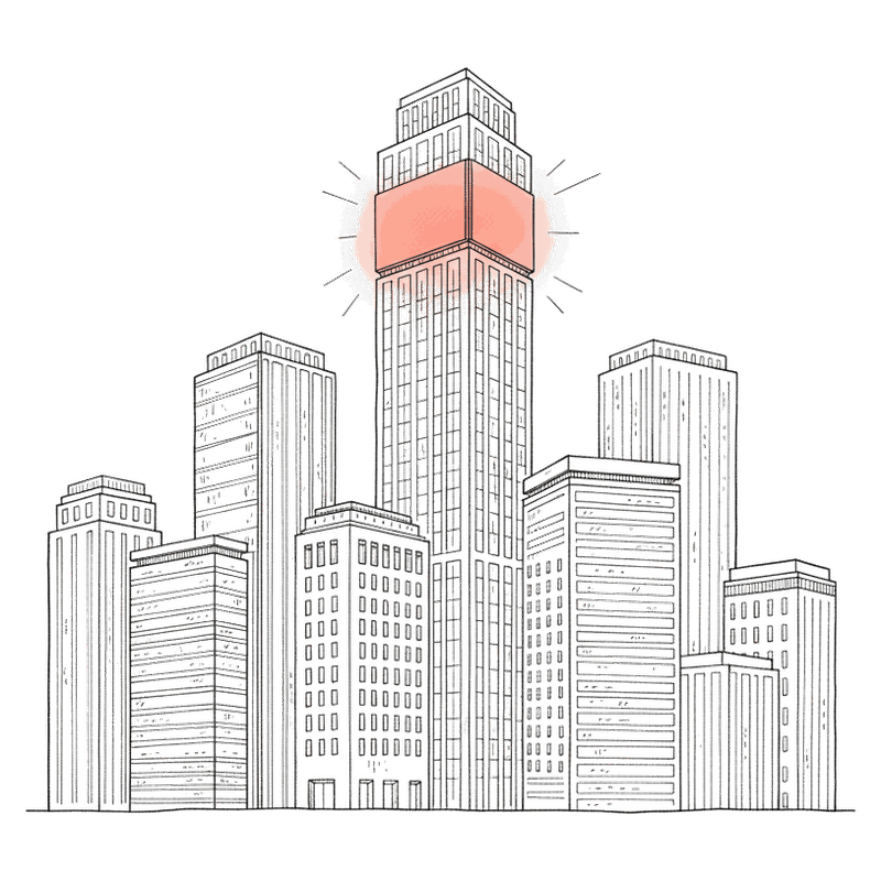 Illustrated business-district skyline with a glowing coral advertising screen