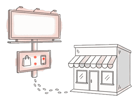 Illustrated storefront and phone with a glowing coral billboard driving footsteps