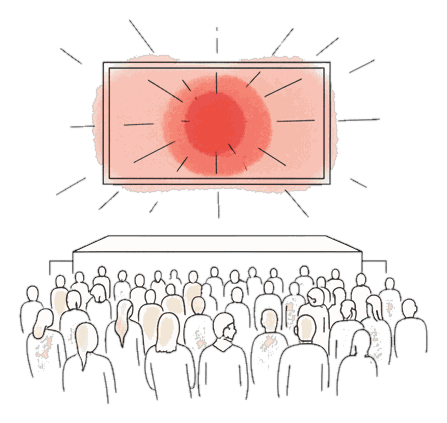 Illustrated live-event crowd under a glowing coral event advertising screen