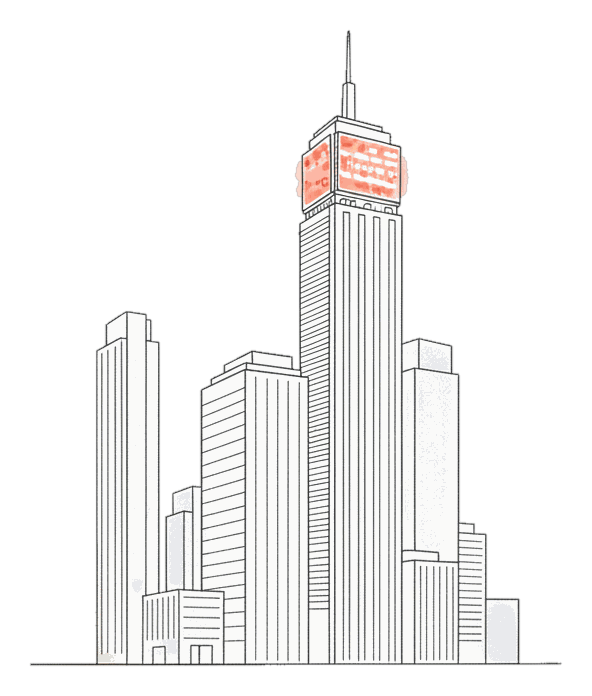 Illustrated financial district with a glowing coral ticker advertising screen