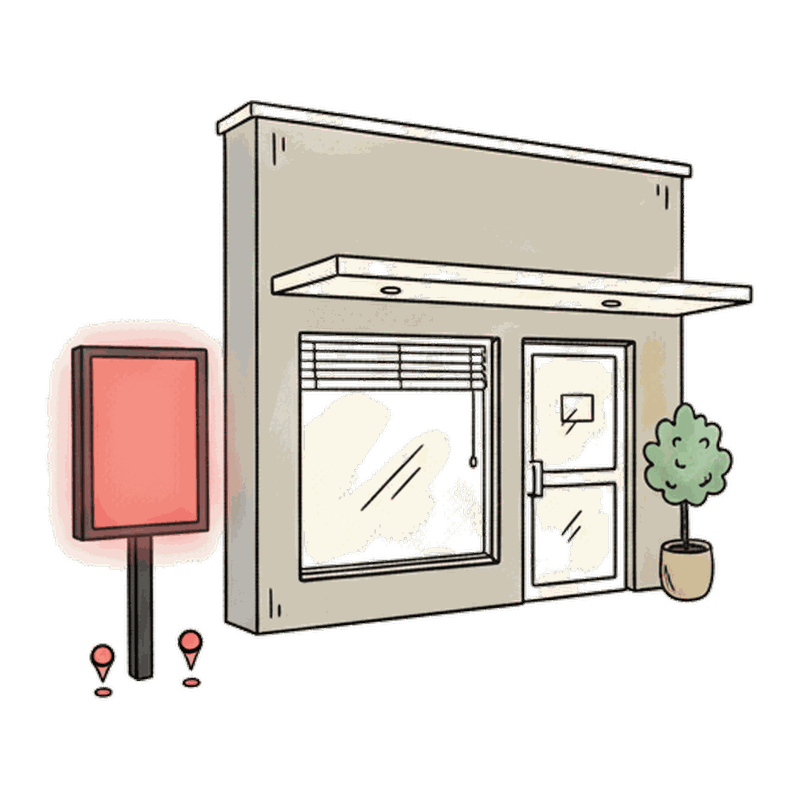 Illustrated clinic storefront with a glowing coral advertising screen nearby