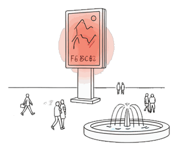 Illustrated civic square with a glowing coral message board