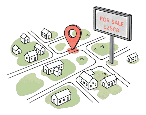 Illustrated neighbourhood map with a glowing coral for-sale advertising screen pin