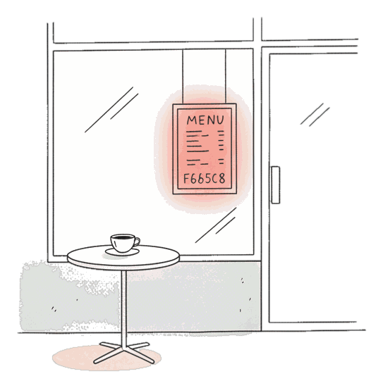 Illustrated restaurant front with a glowing coral menu-side advertising screen