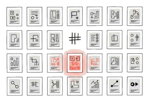 Illustrated wall of labelled advertising screens with one glowing coral