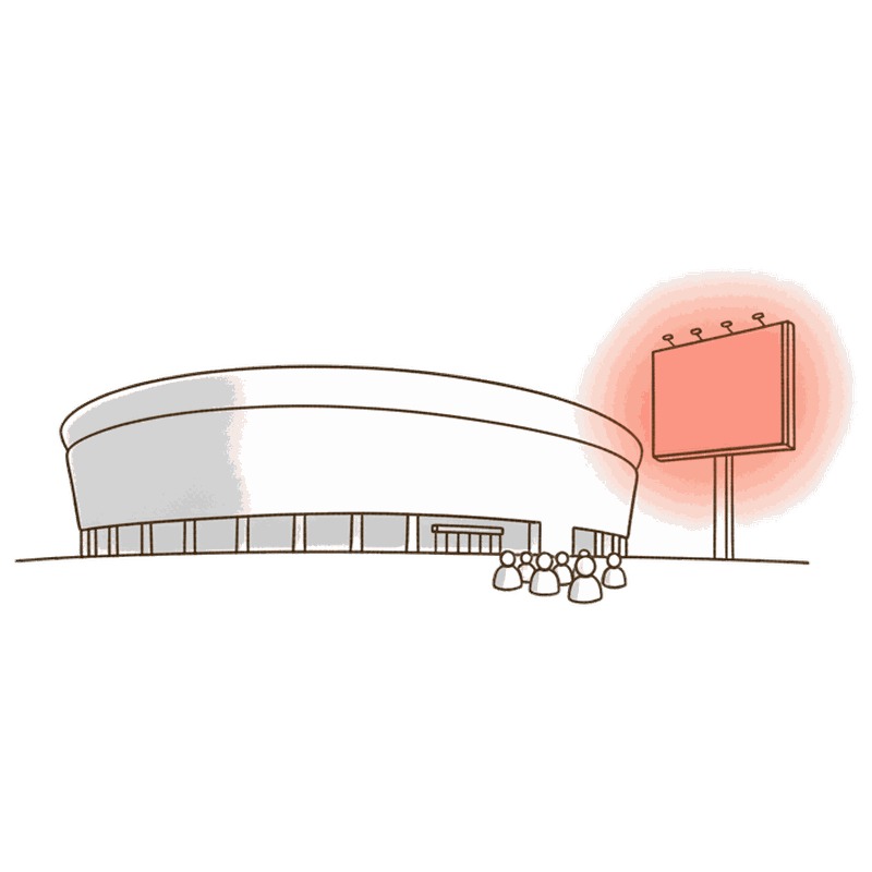 Illustrated stadium exterior with a glowing coral Blindspot DOOH screen and a small crowd of fans walking toward the gates