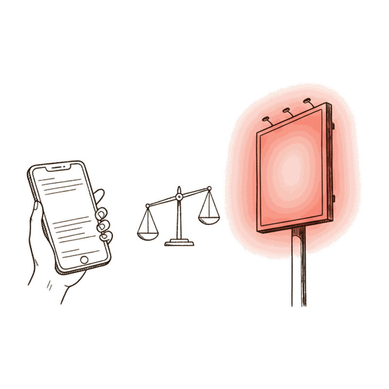 Illustrated smartphone and a glowing coral DOOH screen balanced on a scale, comparing DOOH and social media costs