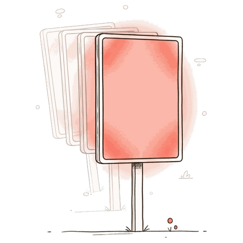Illustrated single glowing coral DOOH screen with faint ghosted creative variants behind it, suggesting the ad swaps automatically