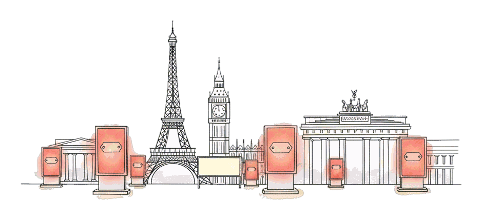 Illustrated European skyline with glowing coral price-tag advertising screens