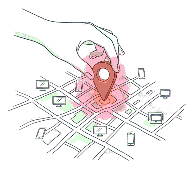 Illustrated hand placing a glowing coral location pin on a city map