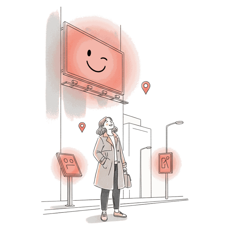 Illustrated street scene of a person smiling up at a glowing coral Blindspot billboard showing a winking face