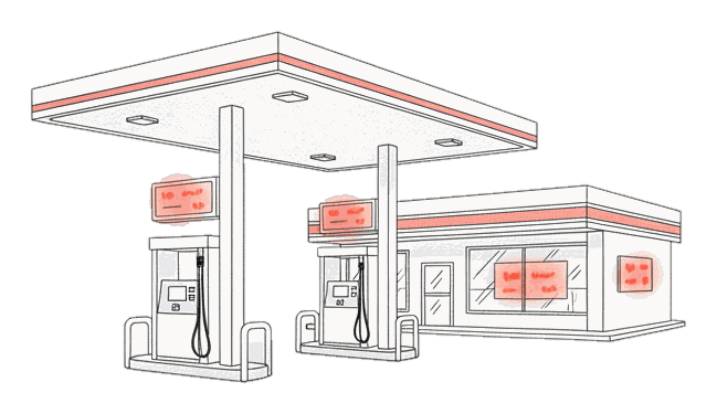 Illustrated gas-station forecourt with glowing coral pump-topper screens