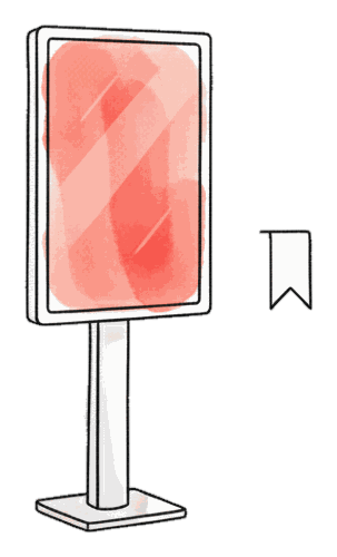 Illustrated clock over a glowing coral Blindspot DOOH screen showing the hours of the day