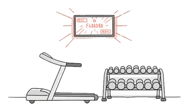 Illustrated gym interior with a glowing coral wall advertising screen