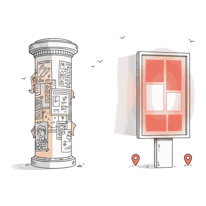 Illustrated poster pillar transitioning into a glowing coral Blindspot digital billboard screen, a visual timeline of outdoor advertising