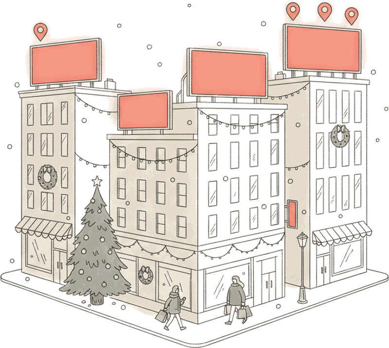 Illustrated festive holiday city street with glowing coral Blindspot DOOH screens and location pins