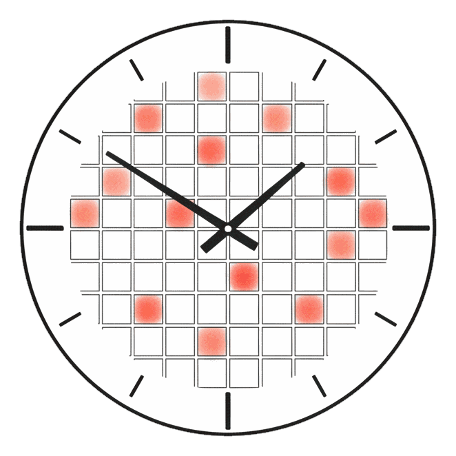 Illustrated 7-day by 24-hour schedule grid with glowing coral Blindspot DOOH screens