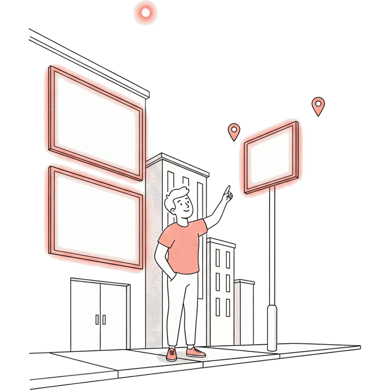 Illustrated person on a city street pointing up at glowing coral Blindspot DOOH screens and location pins