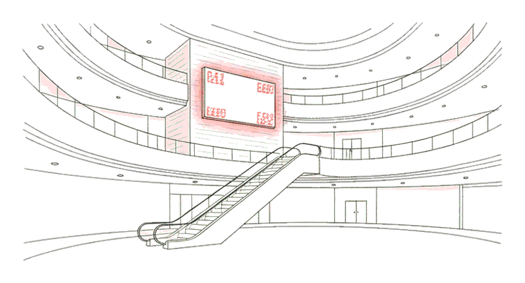 Illustrated shopping-mall atrium with a glowing coral advertising screen