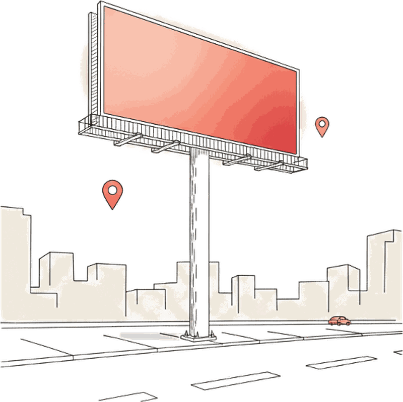 Illustrated roadside outdoor LED billboard glowing coral above a city street, with coral location pins
