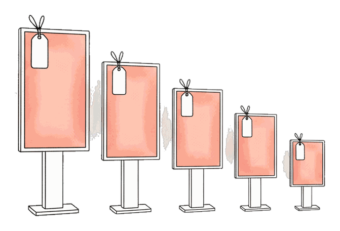 Illustrated per-play price index with glowing coral Blindspot DOOH screens