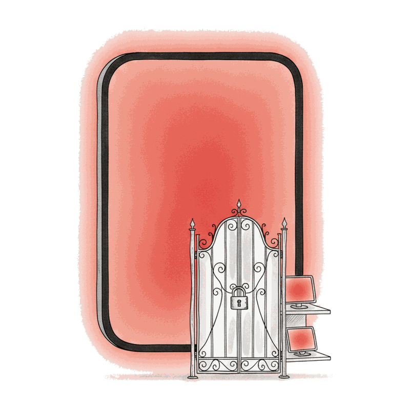 Illustrated locked gate with a padlock in front of a glowing coral DOOH screen, beside a small curated shelf of screens, representing a private marketplace deal