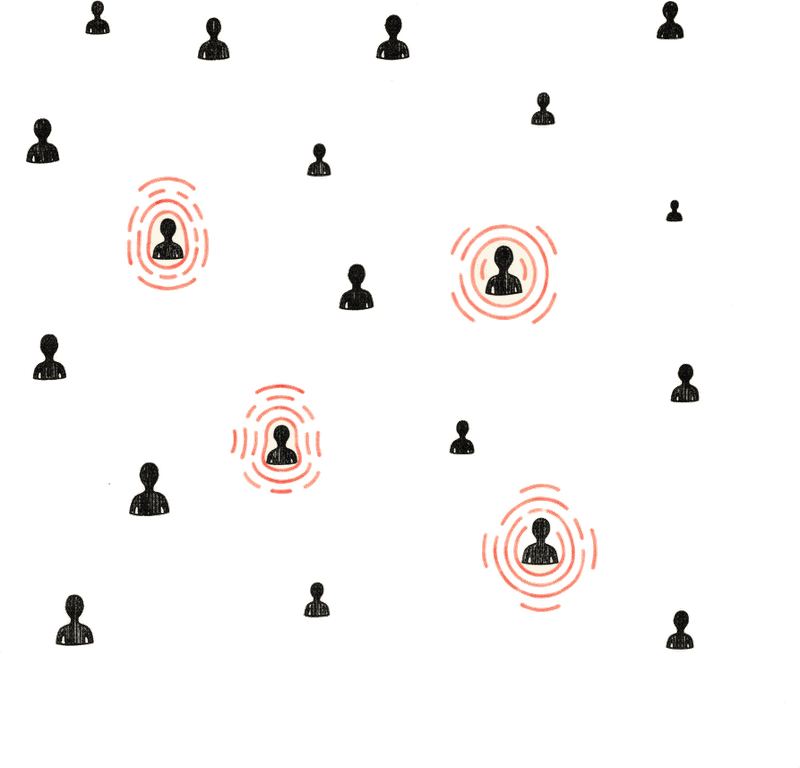 Illustrated group of small silhouetted figures with a repeating coral glow motif suggesting frequency of exposure
