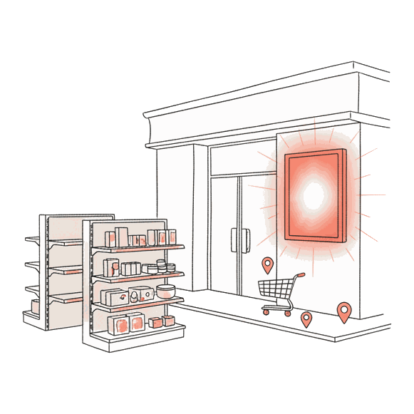 Hand-inked illustration of a retail storefront with a glowing coral digital advertising screen at the entrance and small coral location pins marking nearby screens