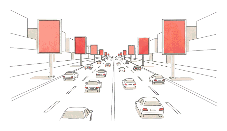 Illustrated commuter corridor at rush hour with glowing coral Blindspot DOOH screens