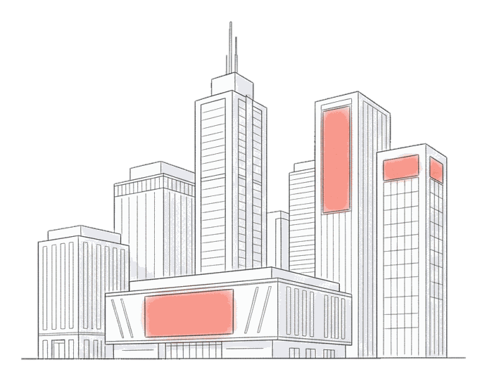 Illustrated SaaS conference scene with glowing coral Blindspot DOOH screens